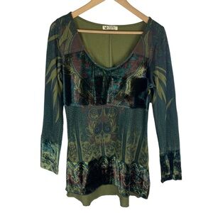 Unity World Wear Boho Tunic Top Medium Green Velvet Long Sleeve Scoop Neck